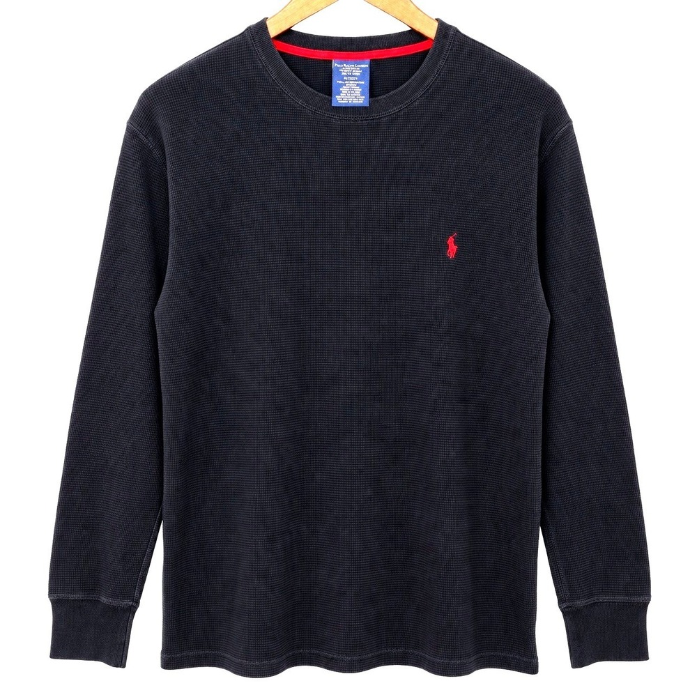 Polo Ralph Lauren Waffle Knit Thermal Shirt Mens XL Black Crew Neck Red Pony